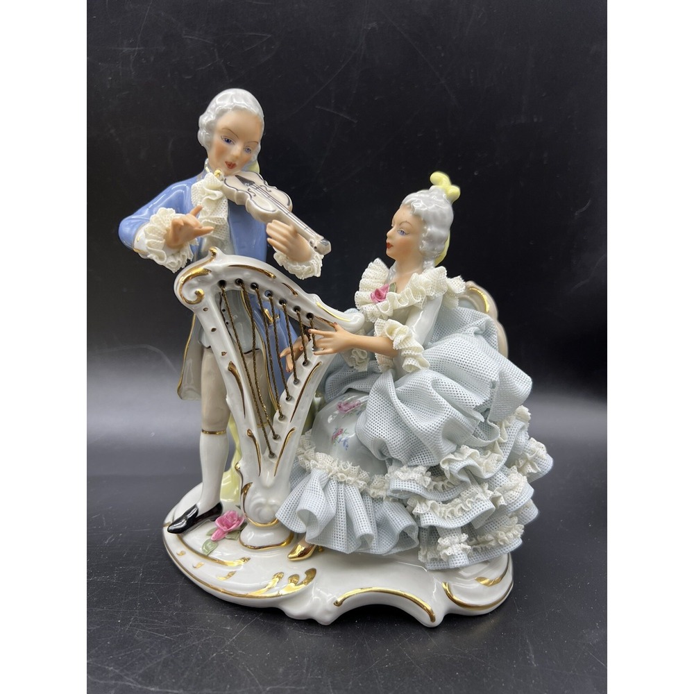Antique DRESDEN Porcelain Lace Figurine Couple Playing Musical Instruments